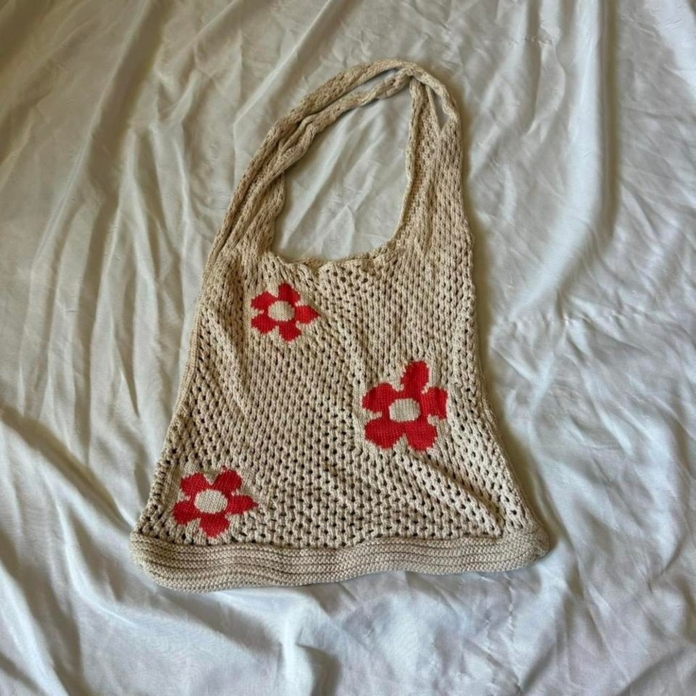 Tan With Red Flowers Crochet Boho Shoulder Bag